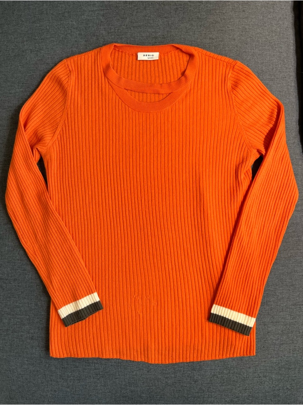 Akris Punto Orange Ribbed Crewneck Sweater with Contrast Cuff Stripes